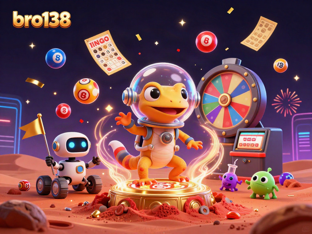 Experience bro138's thrilling casino adventure with a Martian gecko and vibrant game elements.