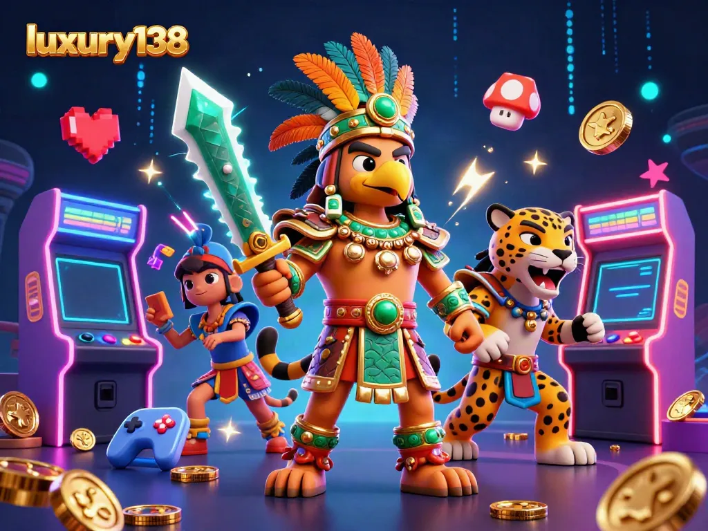 Experience luxury138's immersive casino gaming with vibrant 3D characters amid dynamic visuals.