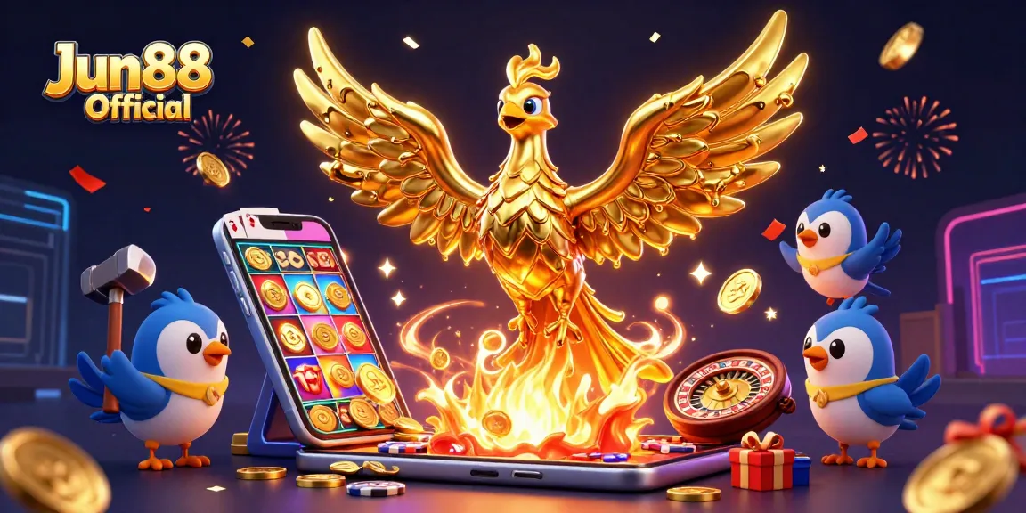 Engage in exciting gaming at Jun88 Official with a golden phoenix and dynamic casino elements.