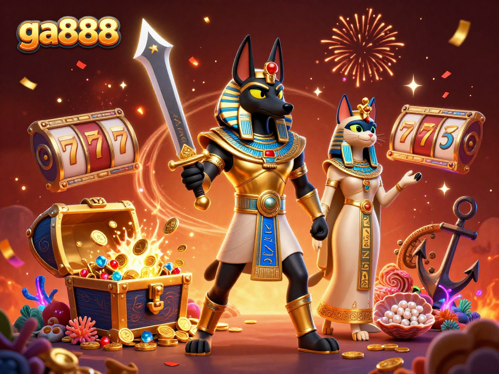 Experience the excitement of ga888 with Anubis and Bastet amidst vibrant casino elements.
