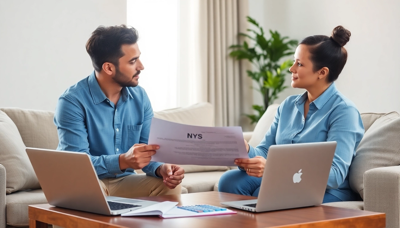 Discussing NYS child support percentage in a warm living room setting with focused parents.