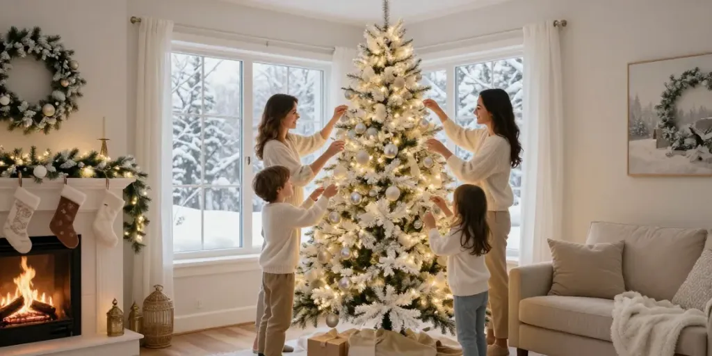 Family decorating a white Christmas tree in a cozy living room with warm lighting and a festive atmosphere.