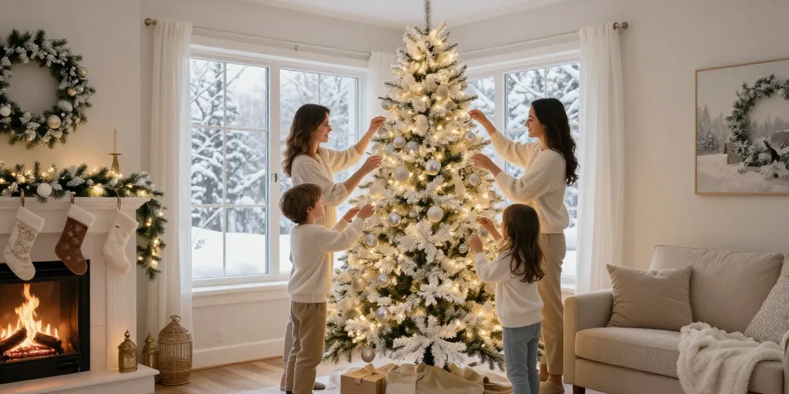 Family decorating a white Christmas tree in a cozy living room with warm lighting and a festive atmosphere.