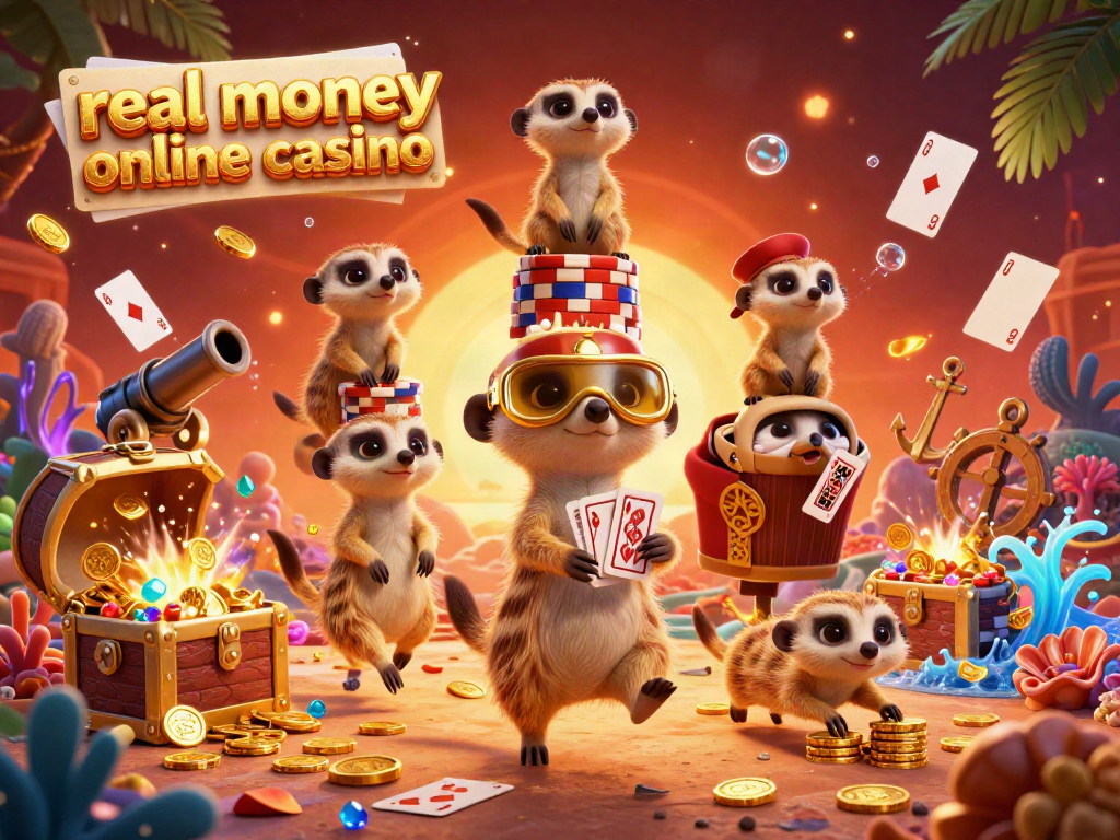Experience the excitement of a real money online casino with a lively meerkat casino scene bursting with colorful gems and gold.