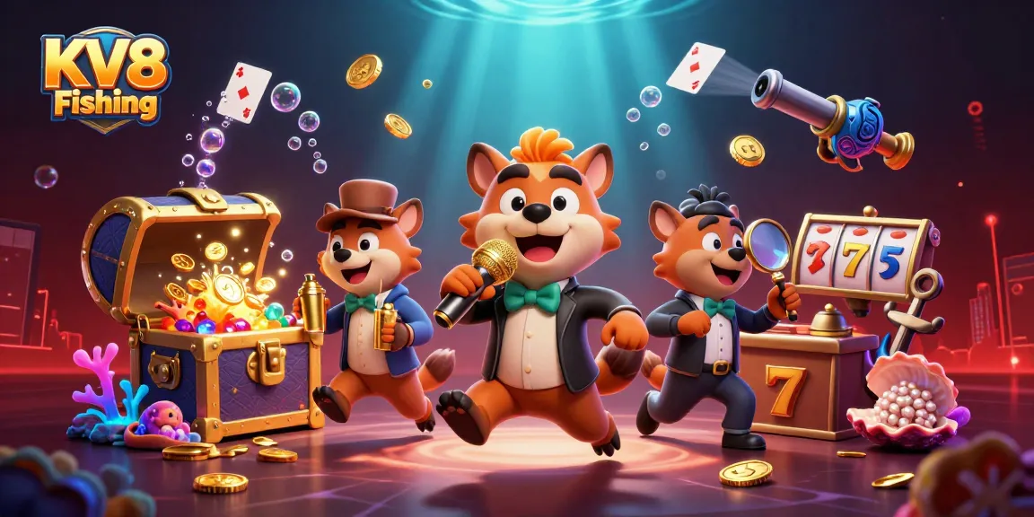 Experience the thrill of KV8 Fishing at our vibrant casino club featuring animated hyena characters.