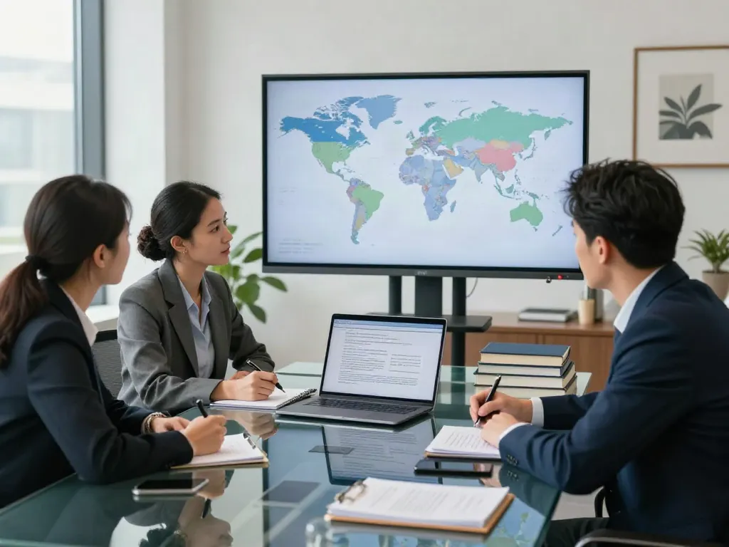 Lead Roedl team collaborating in a modern office, discussing international legal strategies.