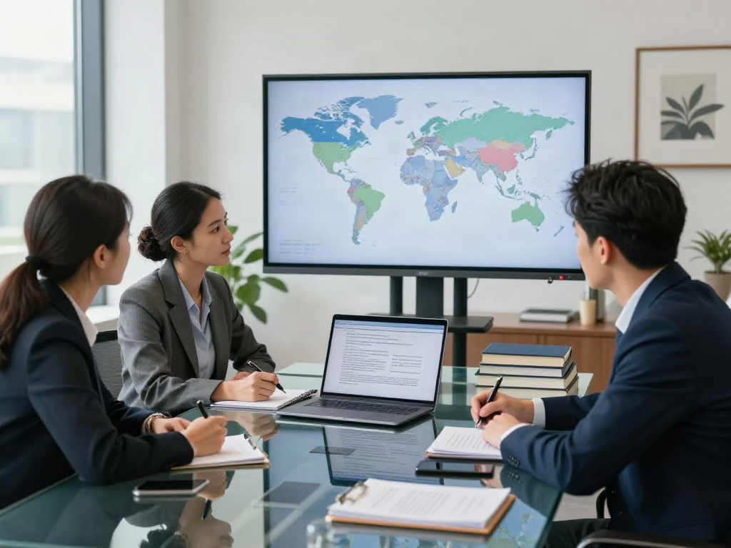 Lead Roedl team collaborating in a modern office, discussing international legal strategies.