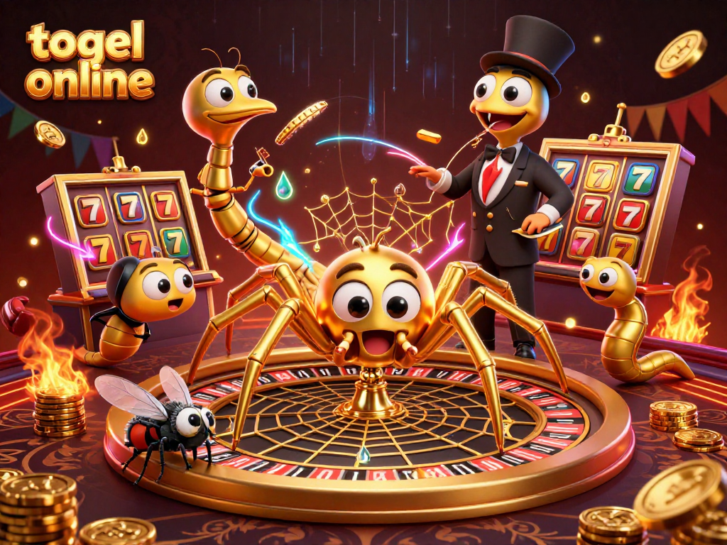 Engage in togel online gaming with a colorful scene featuring a golden spider and casino elements.