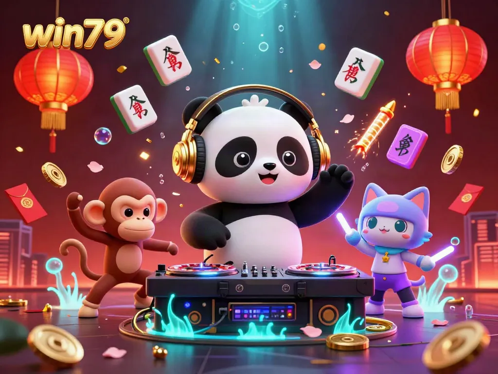 Experience the excitement of win79 with a DJ panda spinning, a breakdancing monkey, and a rave kitten in a vibrant casino scene.