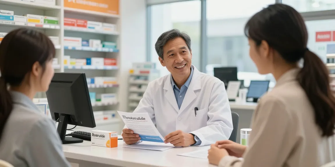 Pharmacist advising customer about best retatrutide vendors in a modern pharmacy.