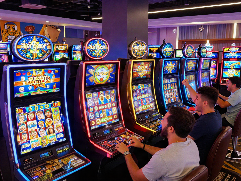 Players enjoying various slot machines in a vibrant casino atmosphere, highlighting excitement around "slot gacor" wins.