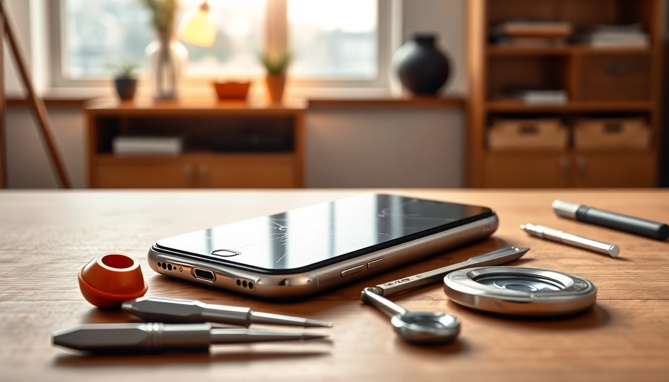 Find broken iPhone cash options with detailed repair tools on a desk.