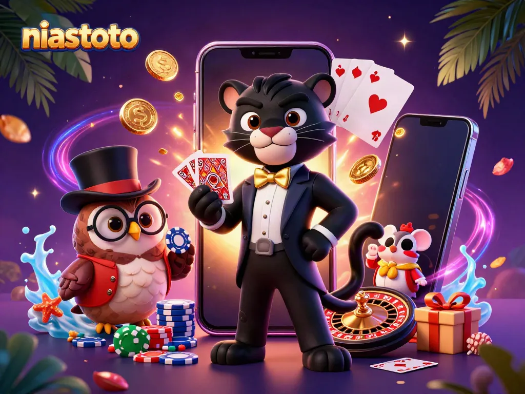Join the excitement of niastoto with this vibrant illustration featuring a panther and friends in a casino scene.