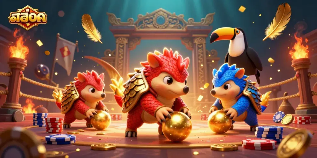 Rival pangolins in scaled armor engage in a vibrant slot game, rolling golden balls amidst poker chips, illustrating the excitement of สล็อต.