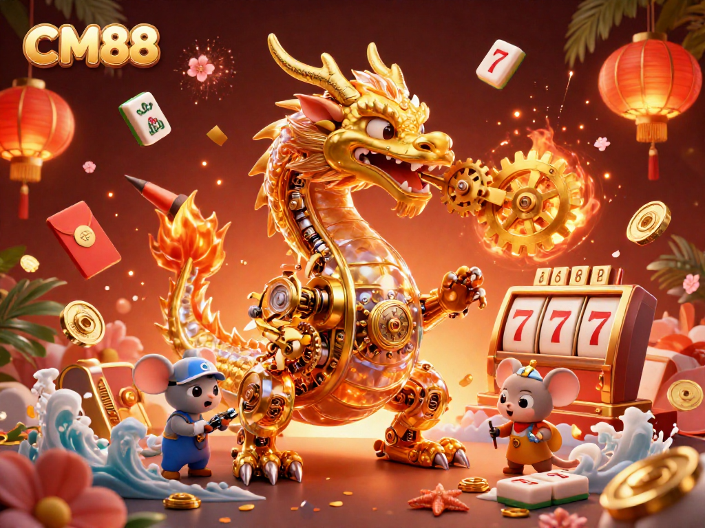 Engage with the thrilling world of CM88 as a golden dragon unveils exciting jackpot opportunities in this vibrant casino illustration.