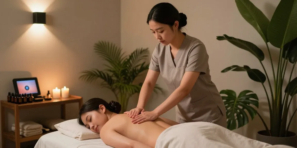 마사지 치료 중인 고객과 마사지사, 편안한 분위기에서 휴식