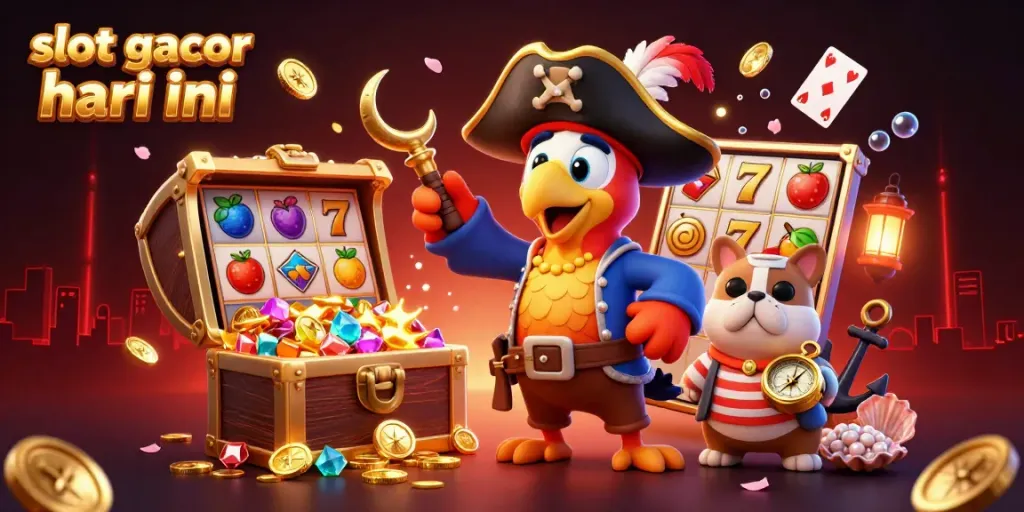 Visualisasi karakter slot gacor hari ini dengan pirat dan elemen perjudian berwarna-warni.