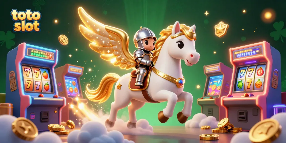 Engage with the thrilling toto slot scene featuring a celestial horse and a knight among vibrant slot machines.