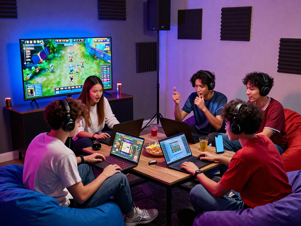 Group of friends enjoying a live slot gacor gaming session with laptops and snacks.