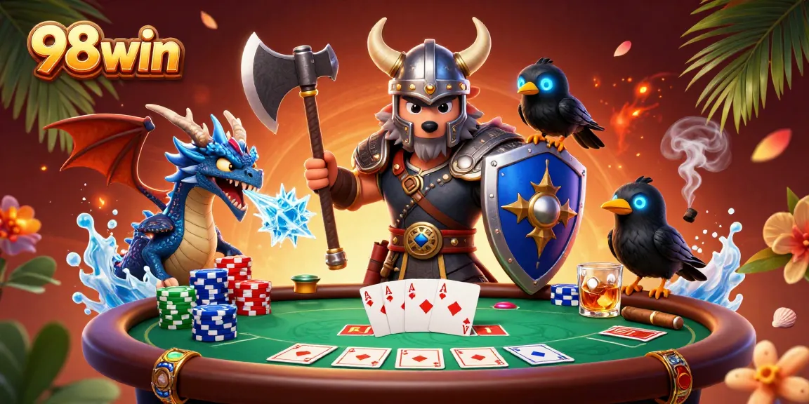 Experience thrilling poker action at 98win with cartoon Viking warrior and mystical dragon in vibrant scene.