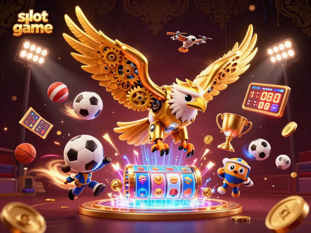 Engage with a vibrant slot game scene featuring dynamic 3D characters and an array of casino elements.