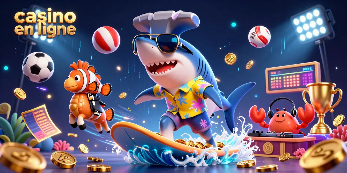 Plongez dans l'excitation du casino en ligne avec un requin et un poisson clown sur une scène vibrante.