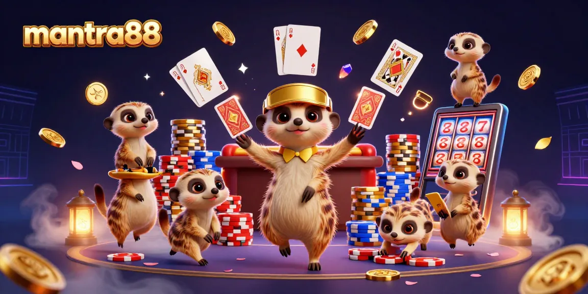 Experience the excitement of mantra88 with a lively 3D cartoon meerkat casino scene featuring playful gambling elements.