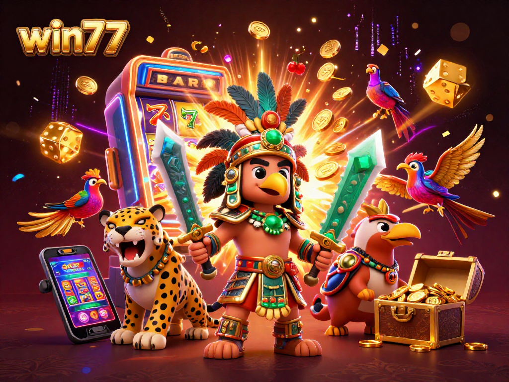 Menangkan jackpot besar dalam permainan slot win77 dengan karakter prajurit Aztec dan mesin slot bertema kasino.