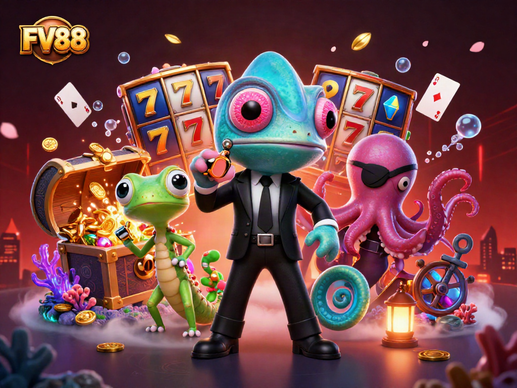 Play exciting games at FV88 with a vibrant casino atmosphere featuring animated characters and rich details.
