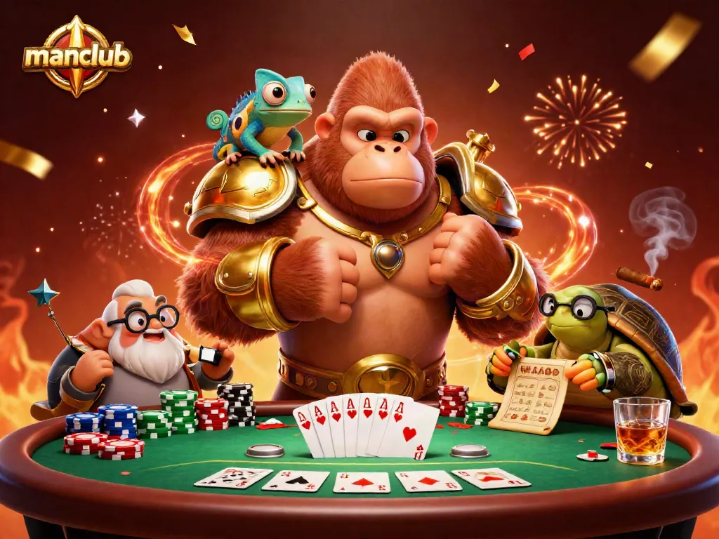 Experience the thrilling action of manclub with a gorilla king, chameleon spy, and tortoise elder in a lively poker setting.