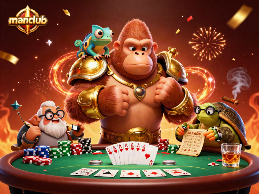 Experience the thrilling action of manclub with a gorilla king, chameleon spy, and tortoise elder in a lively poker setting.