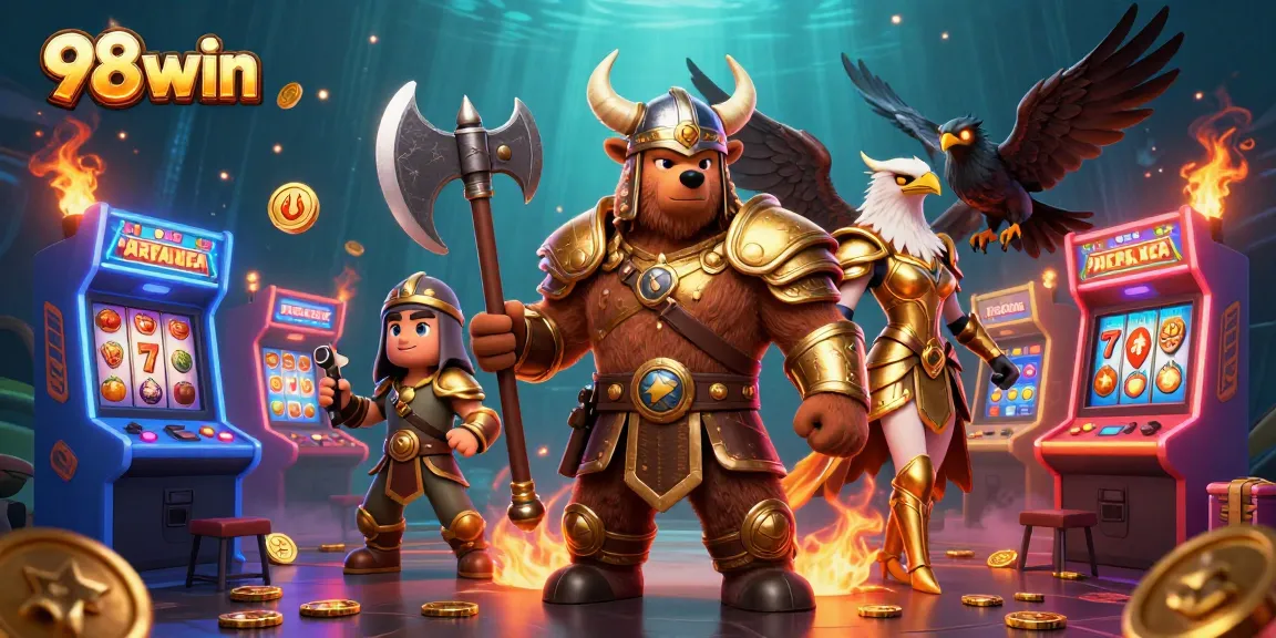 Play slot games with 98win featuring a fierce Viking, Valkyrie, and gaming elements.