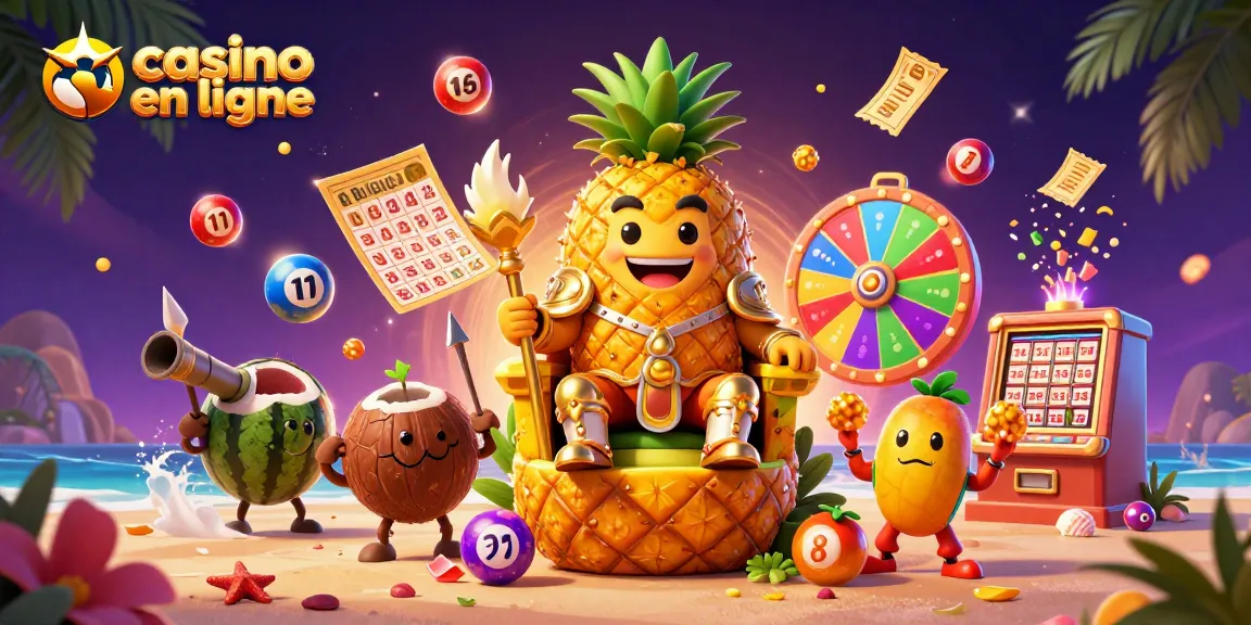 Vivez l'excitation du casino en ligne avec le roi ananas et ses gardes sur fond vibrant.