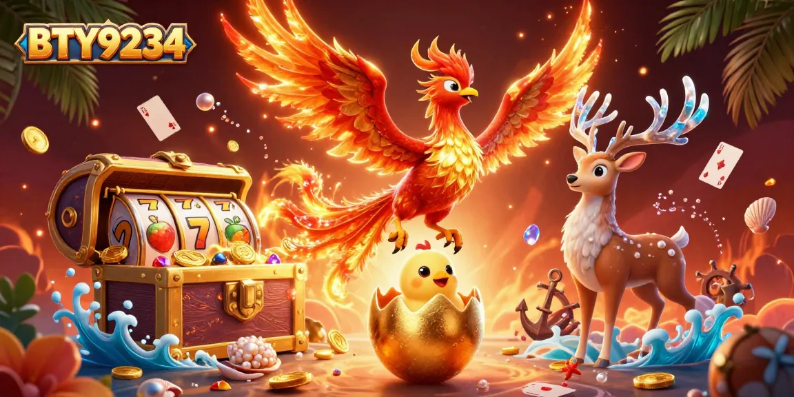 Engage with BTY9234's dynamic gaming scene featuring a fire phoenix and treasure elements.
