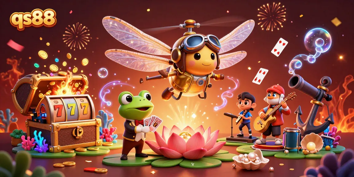 Play exciting slots at qs88 as a frog croupier deals cards in a vibrant casino scene.