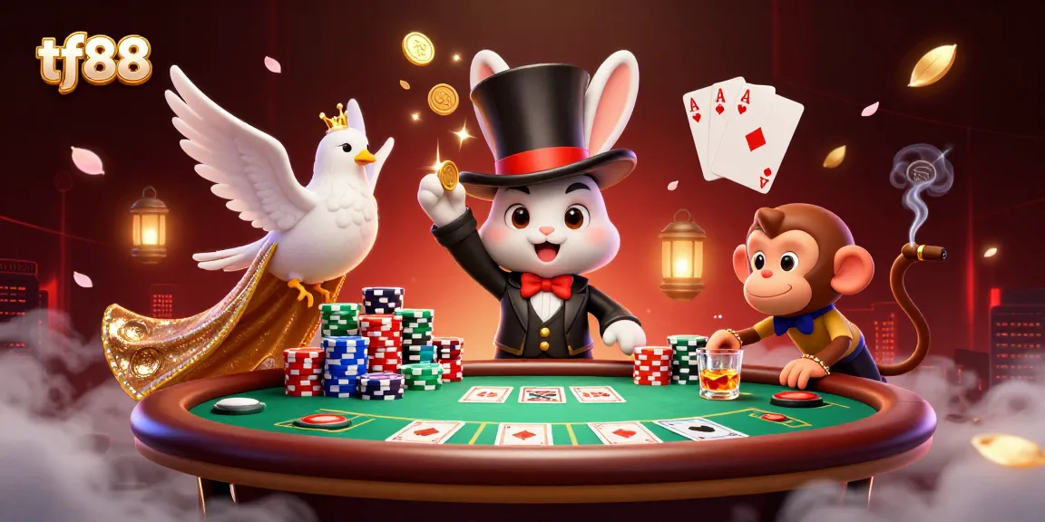 Experience tf88's magical casino scene with characters showcasing vibrant gambling elements.