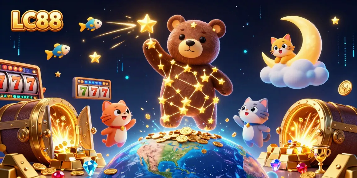LC88 casino scene with golden treasures and constellation bear scooping coins.