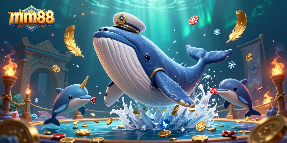Experience mm88 casino excitement as a cartoon whale breaches through coins with playful dolphins.
