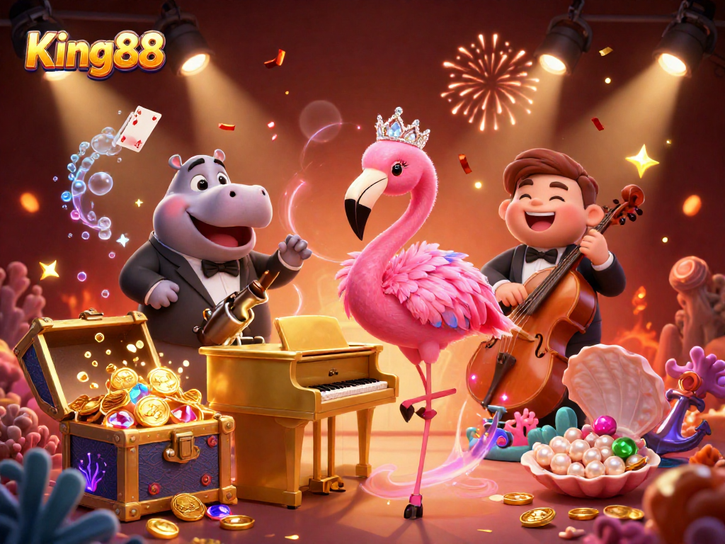 Experience King88 with vibrant gaming energy featuring a flamingo singer and hippo bassist.