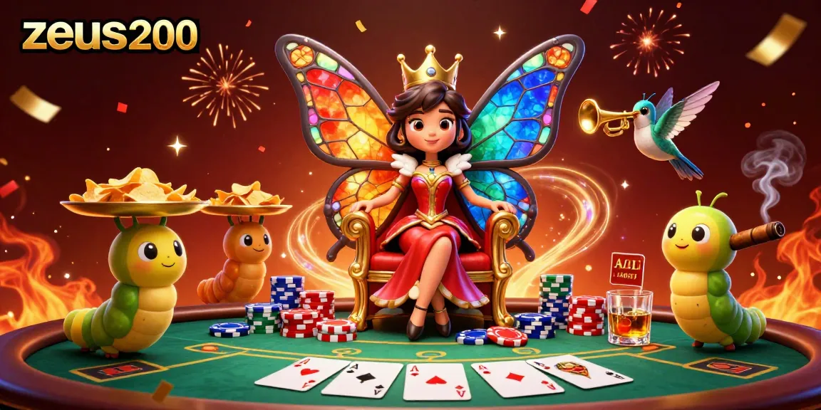 Zeus200 menghadirkan suasana kasino yang meriah dengan ratu kupu-kupu dan bagian permainan poker.