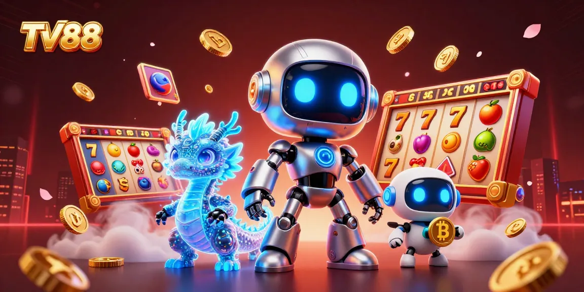 Engage with TV88's thrilling slot reels and gaming excitement with a neon robot mascot and AI companions.