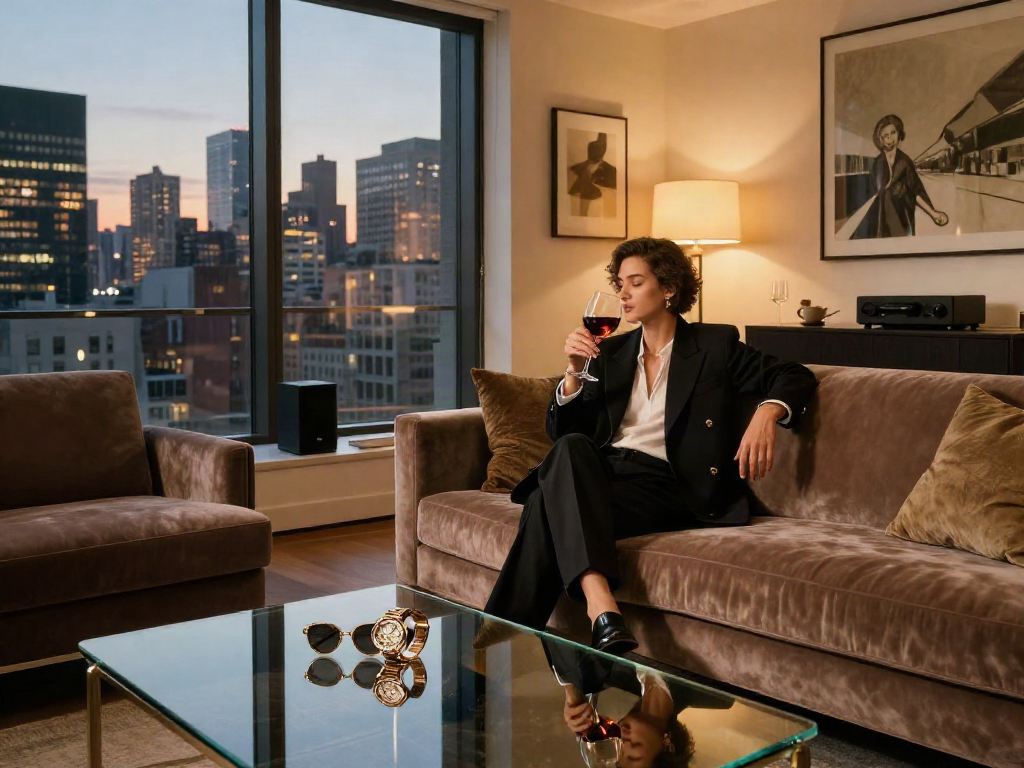 Gaya hidup mewah dengan luxury111, individu menikmati anggur di loft urban yang elegan.