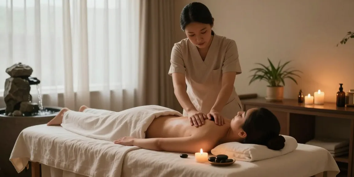스웨디시 마사지를 받는 고객과 편안한 마사지 치료실의 모습