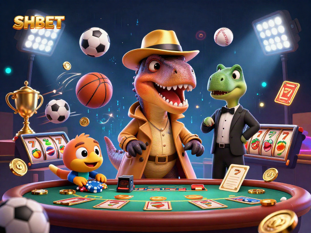 SHBET velociraptor card counter creating excitement at a blackjack table amidst dynamic sports elements.