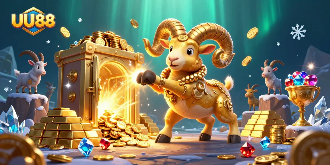 Engage with UU88's vibrant casino world featuring a massive golden ram charging through treasures.