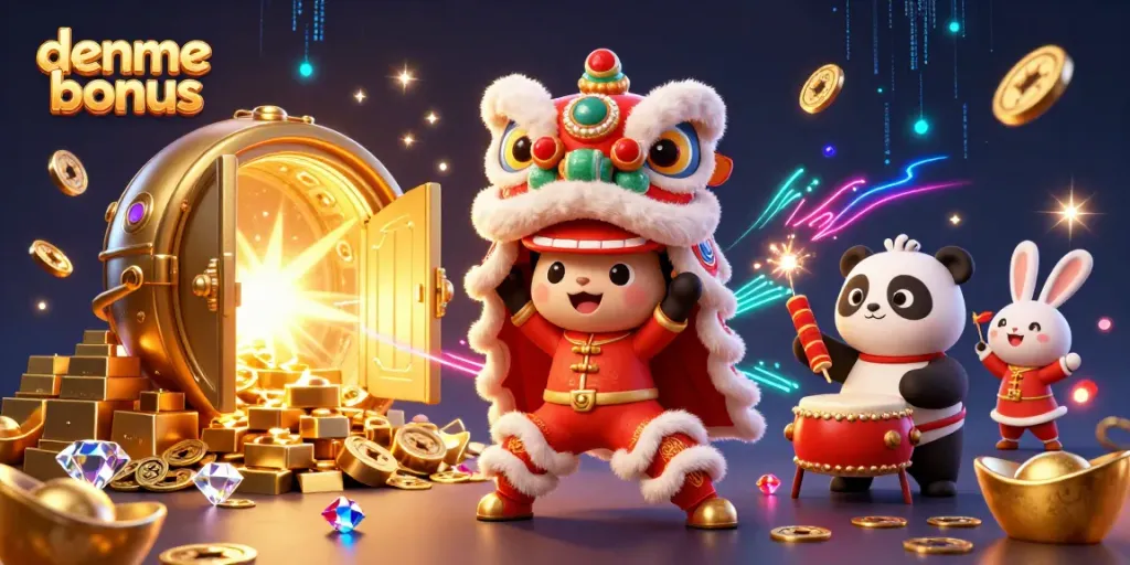Engage with the deneme bonus promotion, featuring vibrant characters amidst treasure and gold.