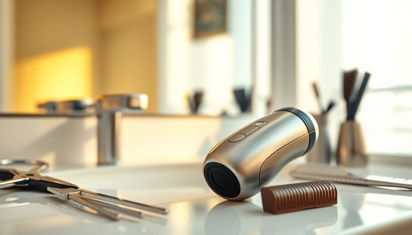 Shaving with a mini electric shaver on a bathroom counter showcasing its sleek design.