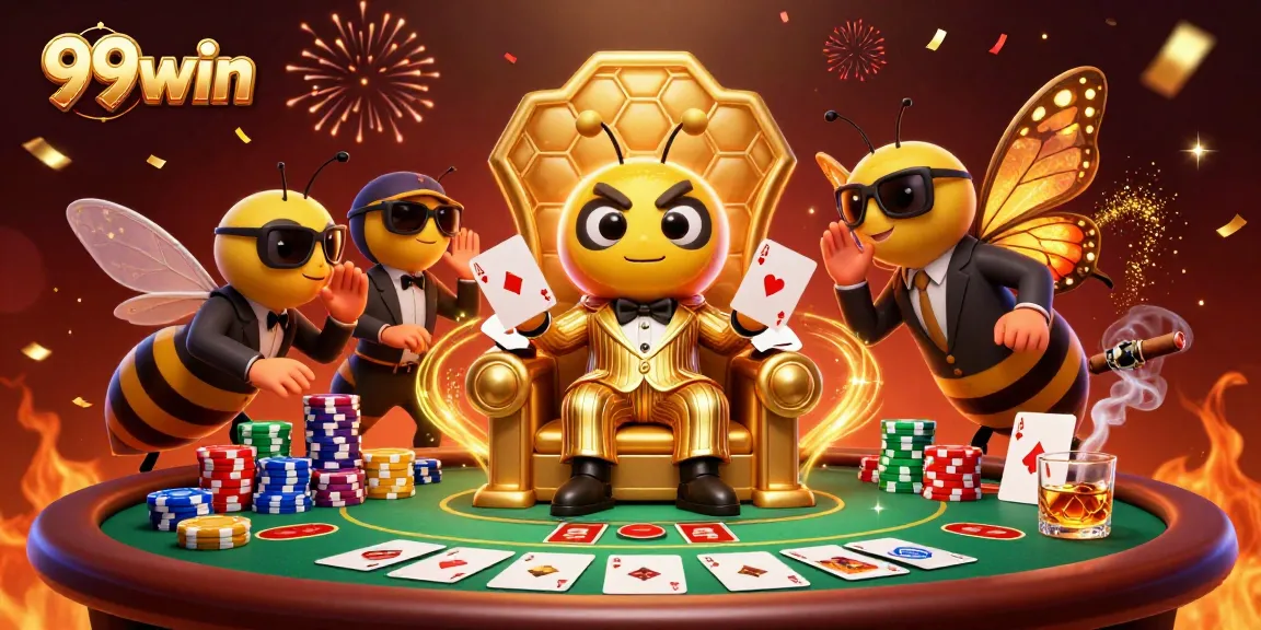Engage with 99win through an exciting 3D casino scene featuring a mob boss and vibrant poker action.