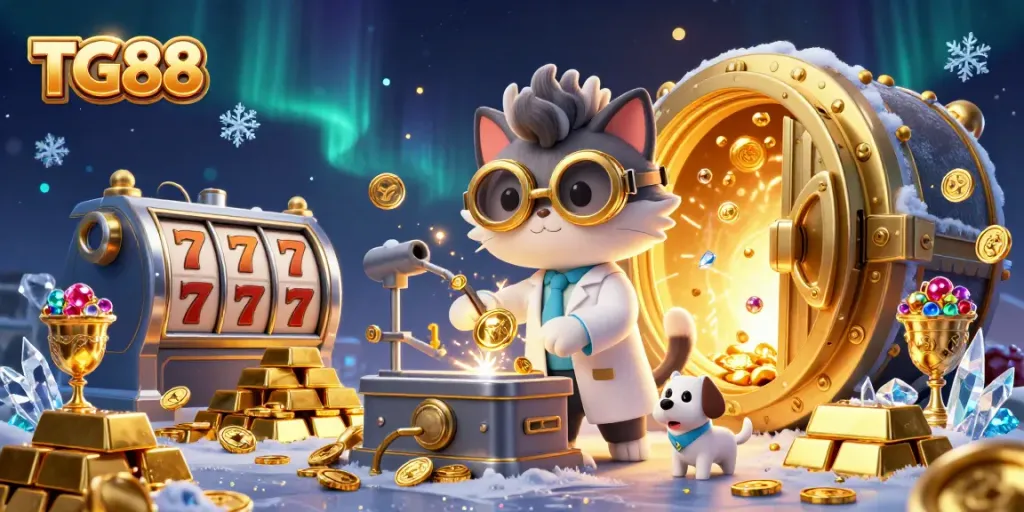 Engage with TG88's thrilling casino experience full of gold and excitement in this vibrant illustration.