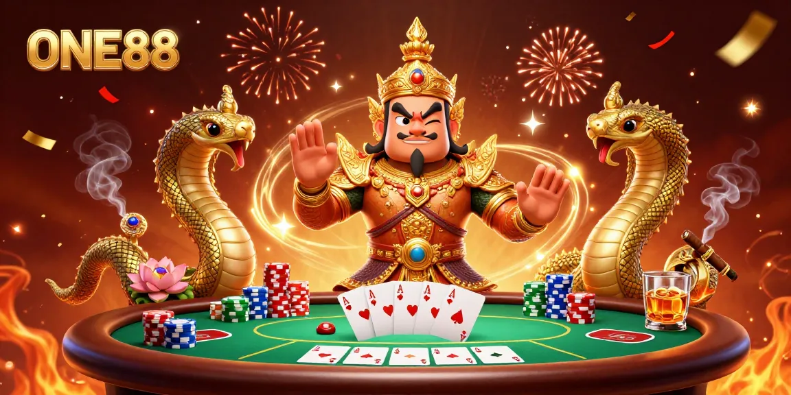 Engage in thrilling poker games at ONE88 with vibrant characters and casino elements.